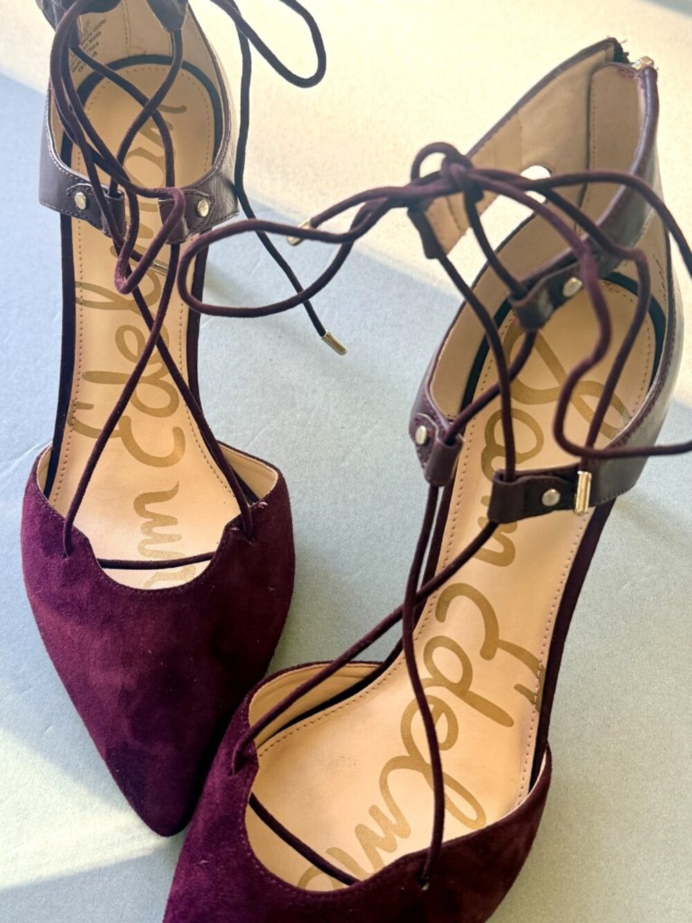 Sam Edelman Burgundy Suede Lace Up d'Orsay Pointed Toe Kitten Heel Pump Size 10